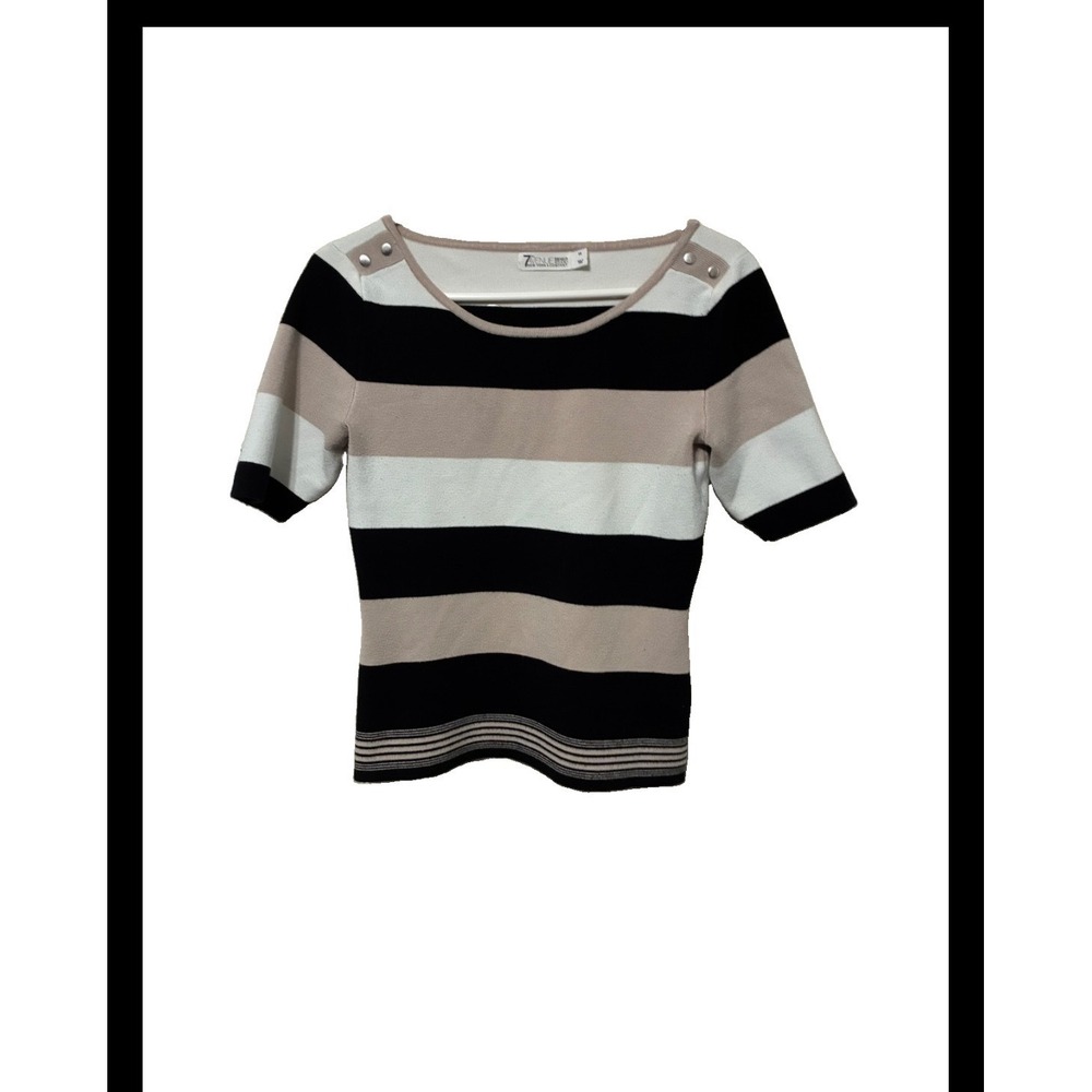 7th Avenue New York & Company Striped Short Sleeve Sweater Top Black Tan XS
